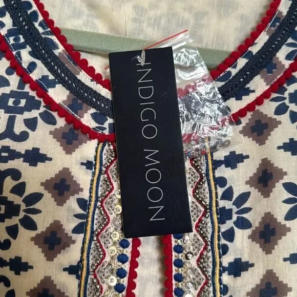 Indigo Moon Tan and Blue Patterned, Embellished Jacket, Size M, NWT - Picture 6 of 13